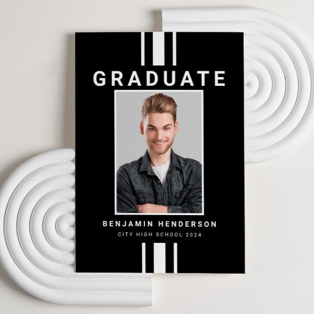 Modern Black And White Boy Graduation Announcement (Custom Photo Modern Black And White Boy Graduation Announcement Card.)
