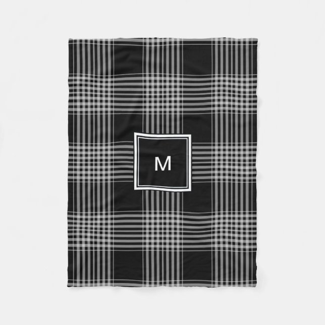Modern black and white buffalo plaid monogram fleece blanket (Front)