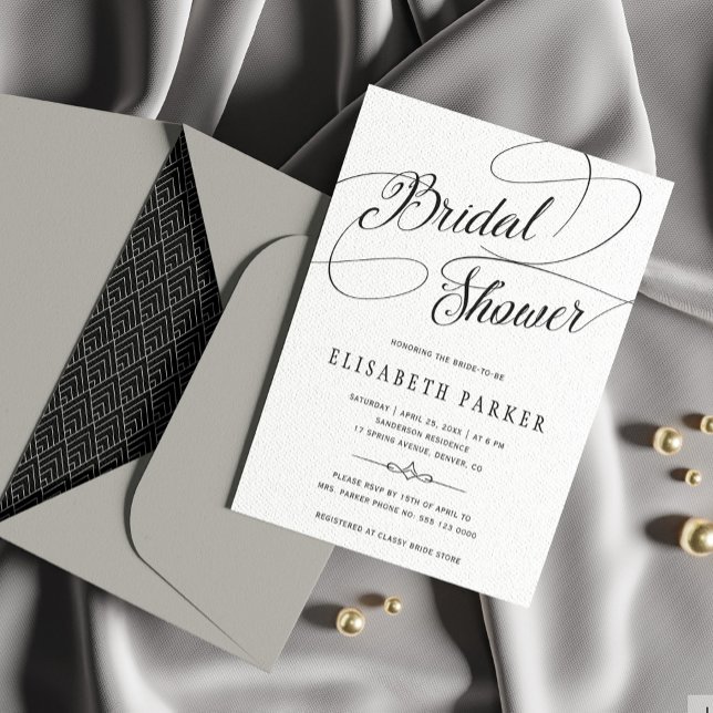 Modern black and white calligraphy bridal shower invitation (Creator Uploaded)