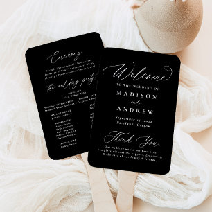 Modern Black and White Calligraphy Wedding Program Hand Fan