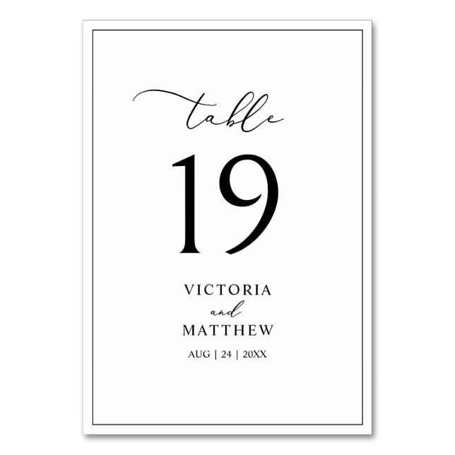 Modern Black and White Calligraphy Wedding Table Number (Front)