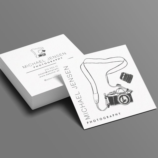 Modern Black and White Camera Photographer Square Business Card (Creator Uploaded)
