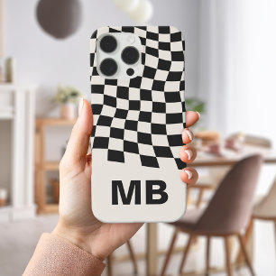 Modern Black and White Chequered Pattern Monogram iPhone 16 Pro Max Case