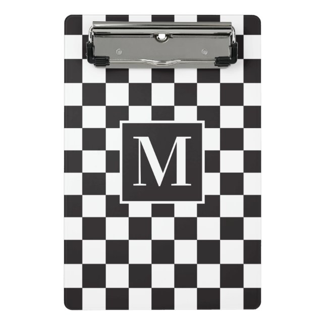 Modern Black and White Chequered Pattern Monogram Mini Clipboard (Front)