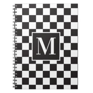 Modern Black and White Chequered Pattern Monogram Notebook