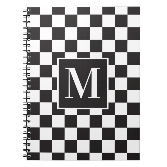 Modern Black and White Chequered Pattern Monogram Notebook (Front)