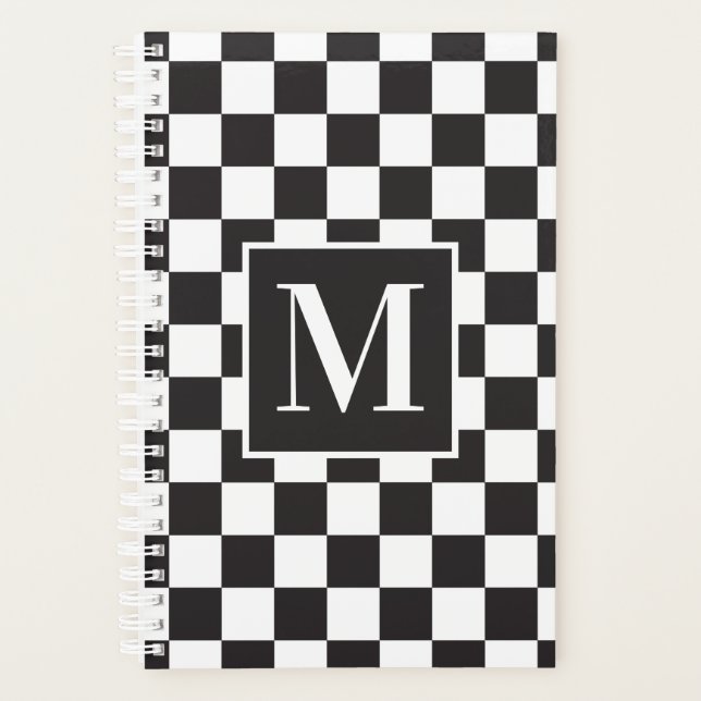 Modern Black and White Chequered Pattern Monogram Planner (Front)