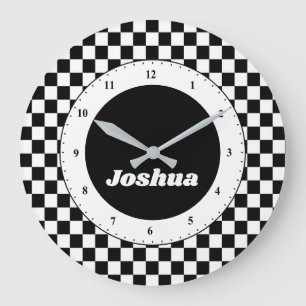 Modern Black and White Chequered Race Flag Large Clock