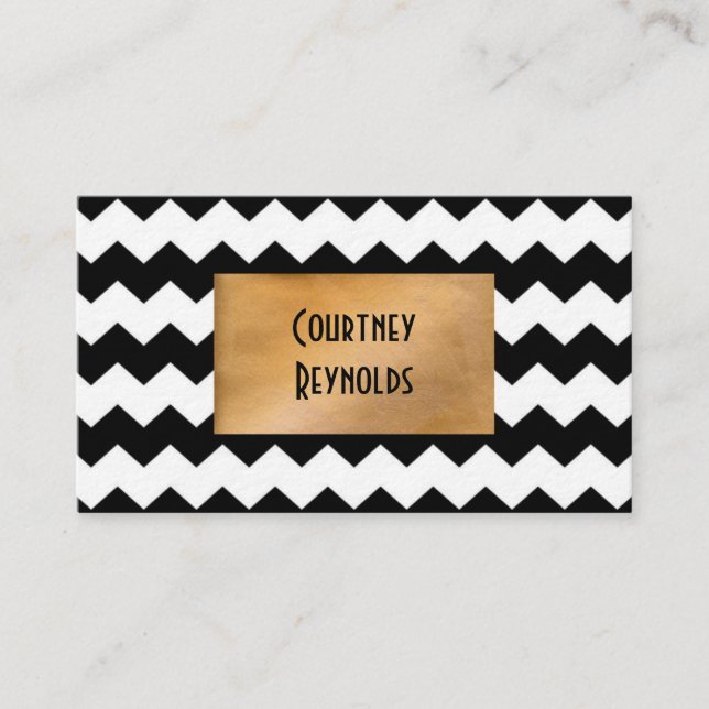 Modern Black and White Chevron Pattern Copper Business Card (Front)
