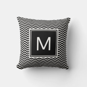 Modern Black and White Chevrons With Monogram Cushion