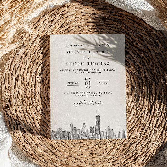 Modern Black and White Chicago Skyline Wedding Invitation (Creator Uploaded)