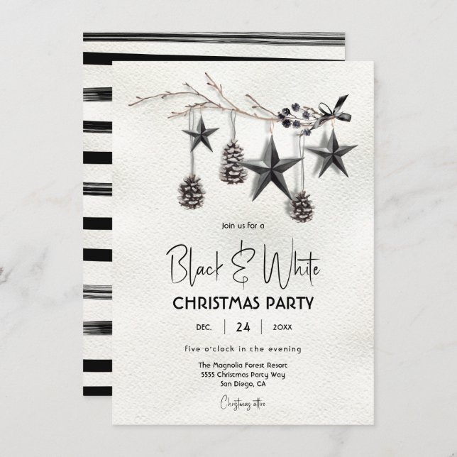 Modern Black and White Christmas Holiday Party Invitation (Front/Back)