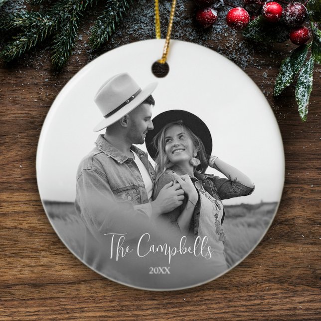 Modern Black And White Christmas Photo Couple Ceramic Ornament (Modern Black And White Christmas Photo Couple Ceramic Ornament)