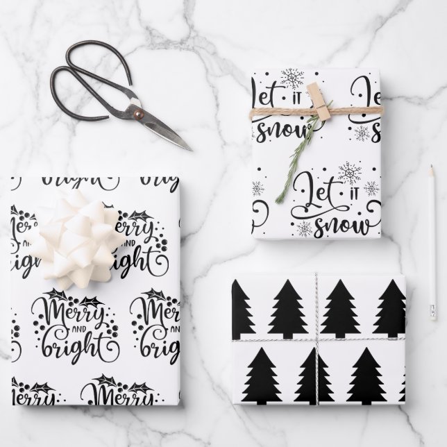 Modern Black and White Christmas Quotes Tree Gift Wrapping Paper Sheet (Front)