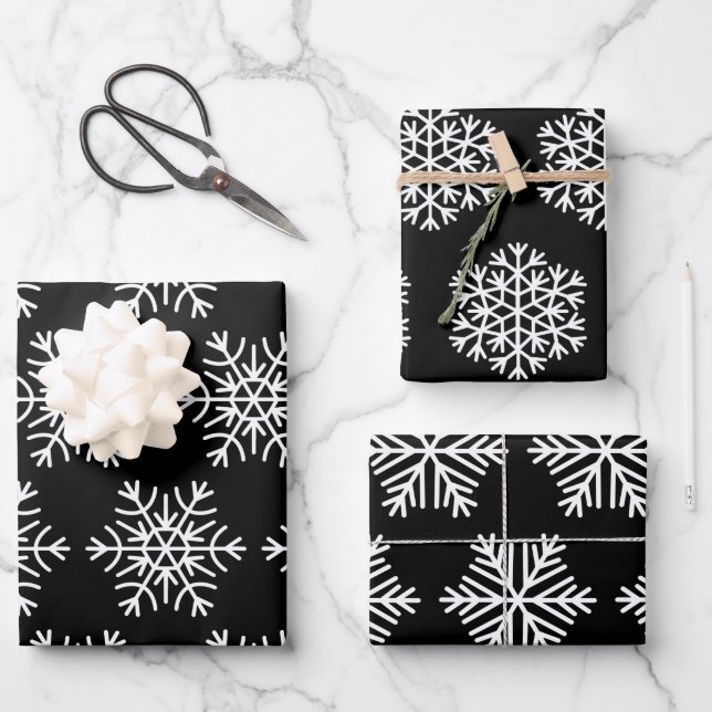 Modern Black and White Christmas Snowflakes Gift Wrapping Paper Sheet (Front)
