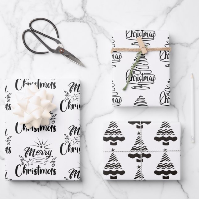 Modern Black and White Christmas Tree Gift Wrapping Paper Sheet (Front)
