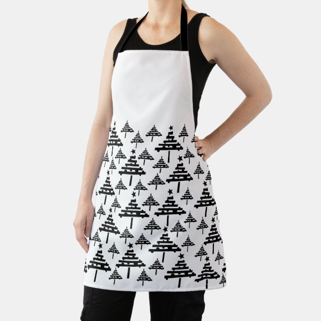 Modern Black and White Christmas Tree Pattern Apron (Insitu)