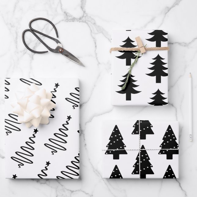 Modern Black and White Christmas Trees Gift Wrapping Paper Sheet (Front)