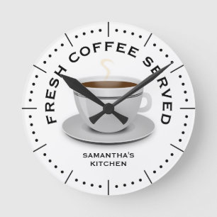 Modern Black And White Coffee Theme Kitchen Round Clock
