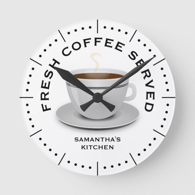 Modern Black And White Coffee Theme Kitchen Round Clock (Front)