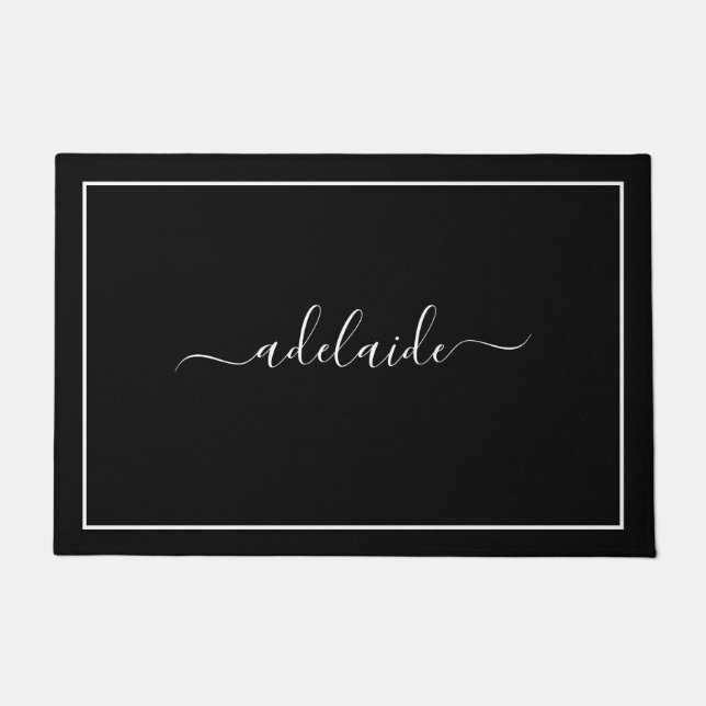 Modern Black and White Custom Monogram Script Name Doormat (Front)