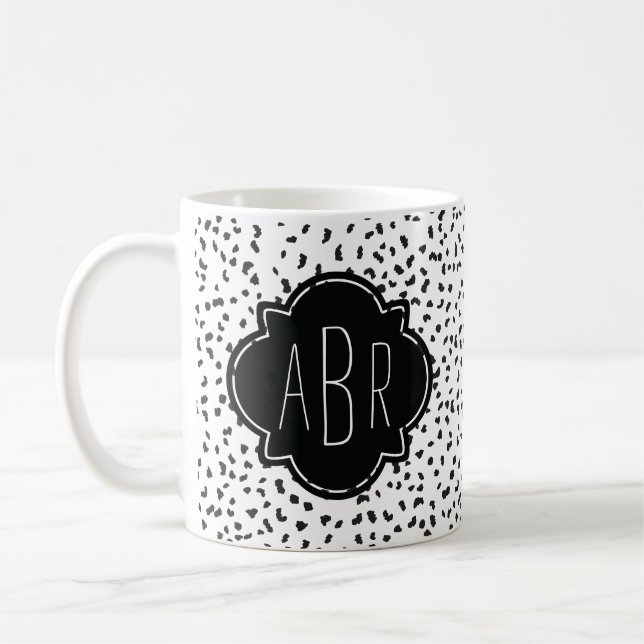 Modern Black and White Dalmatian Spots Monogrammed Coffee Mug (Left)