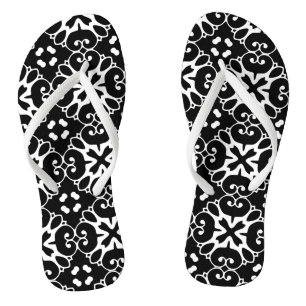 Modern Black and White damask Graphic Floral Thongs