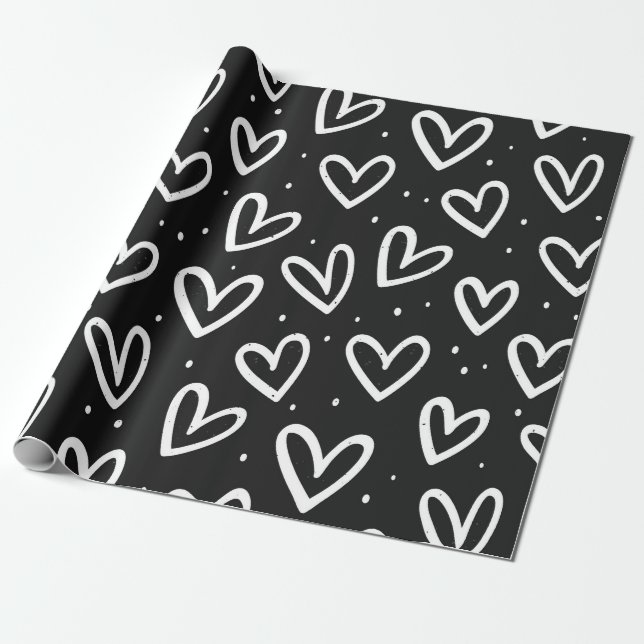 Modern Black and White Doodle Heart Pattern Wrapping Paper (Unrolled)
