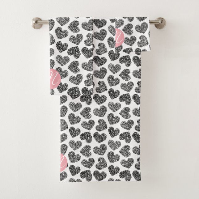 Modern Black and White Doodle Hearts Monogrammed Bath Towel Set (Insitu)