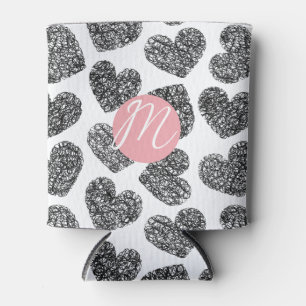 Modern Black and White Doodle Hearts Monogrammed Can Cooler