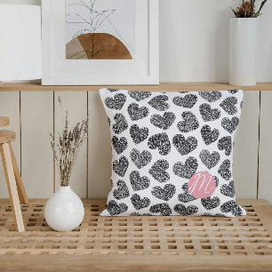 Modern Black and White Doodle Hearts Monogrammed Cushion