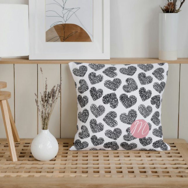 Modern Black and White Doodle Hearts Monogrammed Cushion (Creator Uploaded)