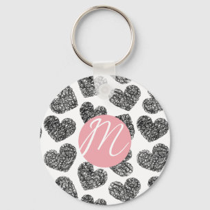 Modern Black and White Doodle Hearts Monogrammed Key Ring