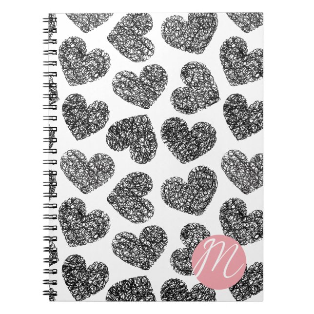 Modern Black and White Doodle Hearts Monogrammed Notebook (Front)