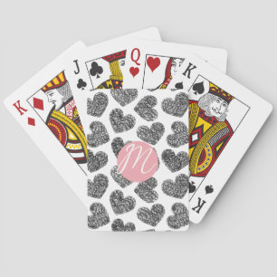 Modern Black and White Doodle Hearts Monogrammed Playing Cards