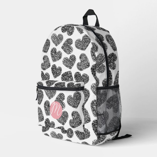 Modern Black and White Doodle Hearts Monogrammed Printed Backpack (Back Corner Right)