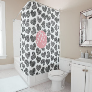 Modern Black and White Doodle Hearts Monogrammed Shower Curtain