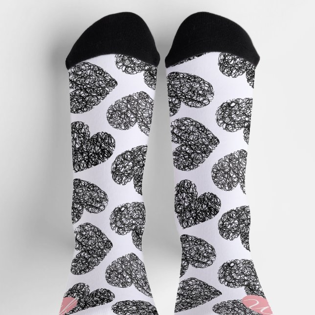 Modern Black and White Doodle Hearts Monogrammed Socks (Top)