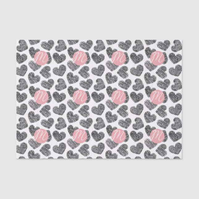Modern Black and White Doodle Hearts Monogrammed Tissue Paper (Front)