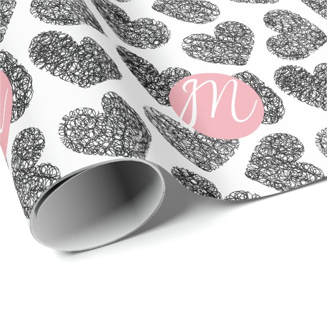 Modern Black and White Doodle Hearts Monogrammed Wrapping Paper (Roll Corner)