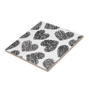 Modern Black and White Doodle Hearts Pattern Ceramic Tile