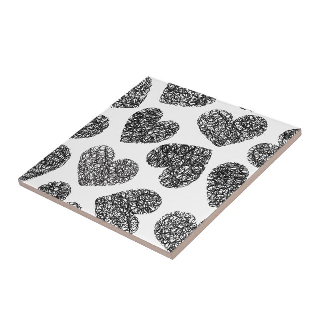 Modern Black and White Doodle Hearts Pattern Ceramic Tile (Side)