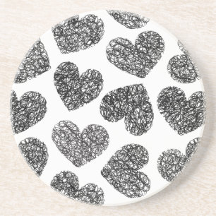 Modern Black and White Doodle Hearts Pattern Coaster