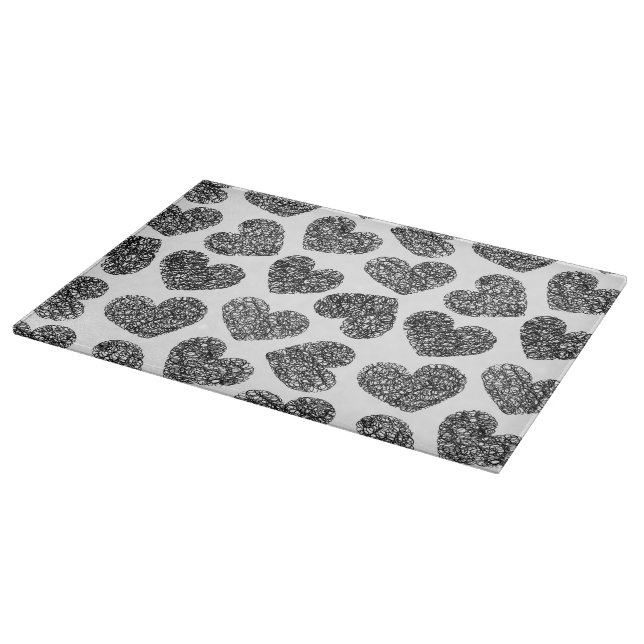 Modern Black and White Doodle Hearts Pattern Cutting Board (Corner)