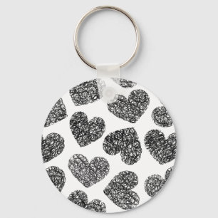 Modern Black and White Doodle Hearts Pattern Key Ring