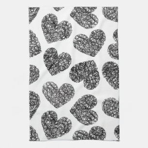 Modern Black and White Doodle Hearts Pattern Tea Towel