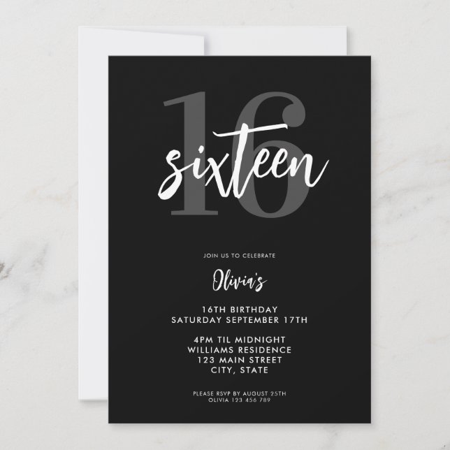 Modern Black and White Elegant 16th Birthday Invitation (Front)