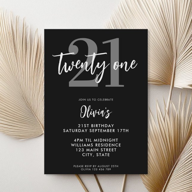 Modern Black and White Elegant 21st Birthday Invitation (Creator Uploaded)