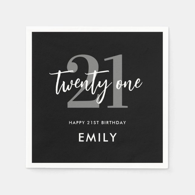 Modern Black and White Elegant 21st Birthday Napkin (Front)