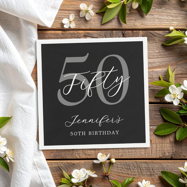 Modern Black and White Elegant 50th Birthday Napkin (Creator Uploaded)